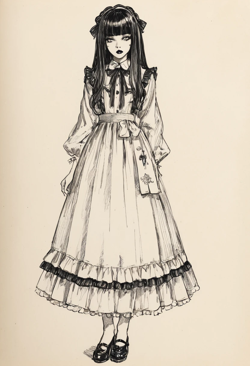 score_9, score_8_up, score_7_up, score_6_up, sketch, sp1t, monochrome, Hyper detailed hatching, full body image, pale, smooth skin, hair over both eyes, long straight black hair, blunt bangs, full lips, slender physique, lolita fashion, black lips, scowl, centered
