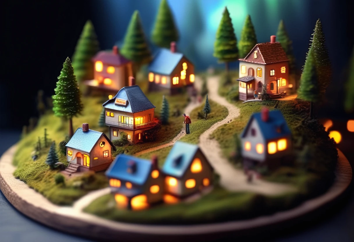 a group of miniature houses sitting on top of a hill, a tilt shift photo, polycount contest winner, fantasy art, dazzling lights, beautiful house on a forest path, very full detail, super detailed image