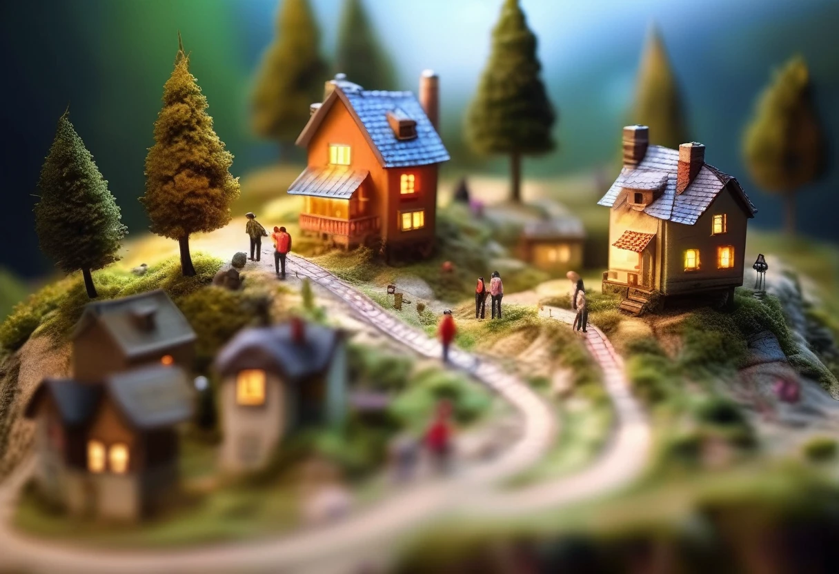 a group of miniature houses sitting on top of a hill, a tilt shift photo, polycount contest winner, fantasy art, dazzling lights, beautiful house on a forest path, very full detail, super detailed image