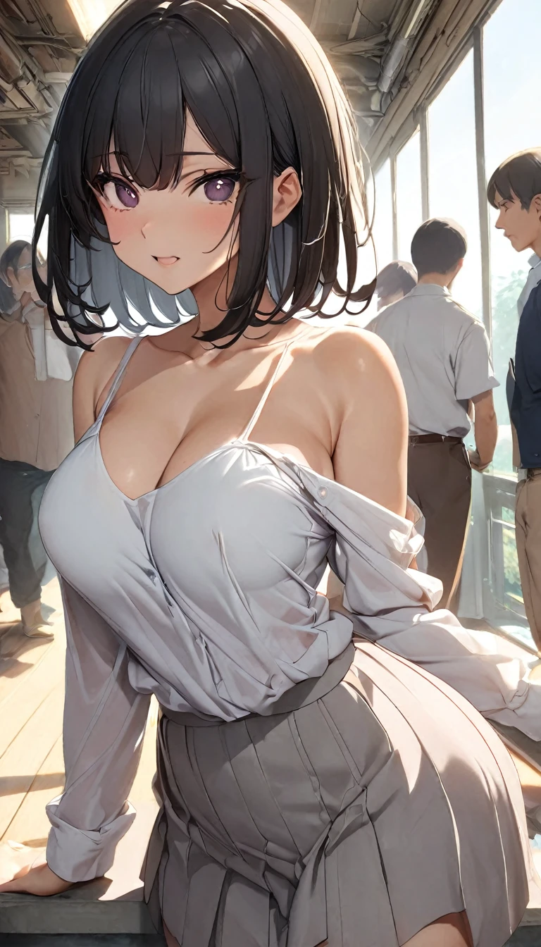 In a crowded train、Black bob hair、hairpin、high school girl、Anxious expression、、Large Breasts、Soft Breastan behind、((My breasts are massaged vigorously from behind:1.5))、Milk spurting from the nipple、Saggy breasts、Light pink nipples