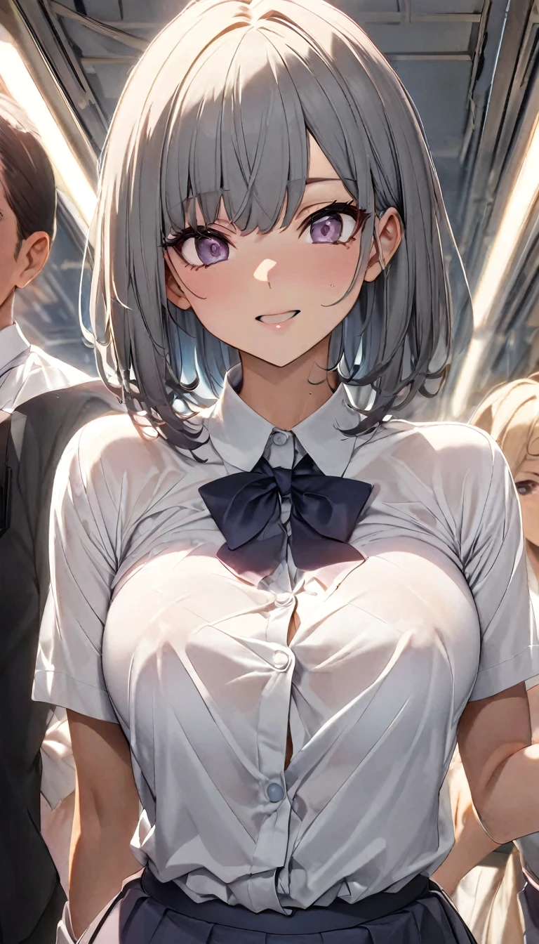 In a crowded train、Black bob hair、hairpin、high school girl、Anxious expression、、Large Breasts、Soft Breastan behind、((My breasts are massaged vigorously from behind:1.5))、Milk spurting from the nipple、Saggy breasts、Light pink nipples