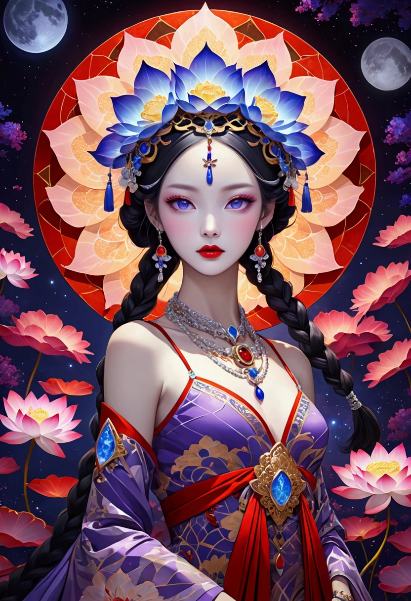 （fashion show：1.3），G Liulian art style, Female model wearing an extraordinary avant-garde dress，Looking at the audience, Perfect eyes, High detail face, Double braid, lotus, Headdress, Violet necklace, Porcelain skin contrasts with deep red lips，Cross your arms, Exudes an otherworldly beauty，Surreal contrasts，Layered Outlines，Complex Mode，Depth and size，translucent，Crystal structure，glowing lines，Fluorescence，Glow Example，Tracking Example，Backlight，Light particle blur，fantasy, Night Sky, Star, nebula, White crystal, moonlight, summer, Fractal background