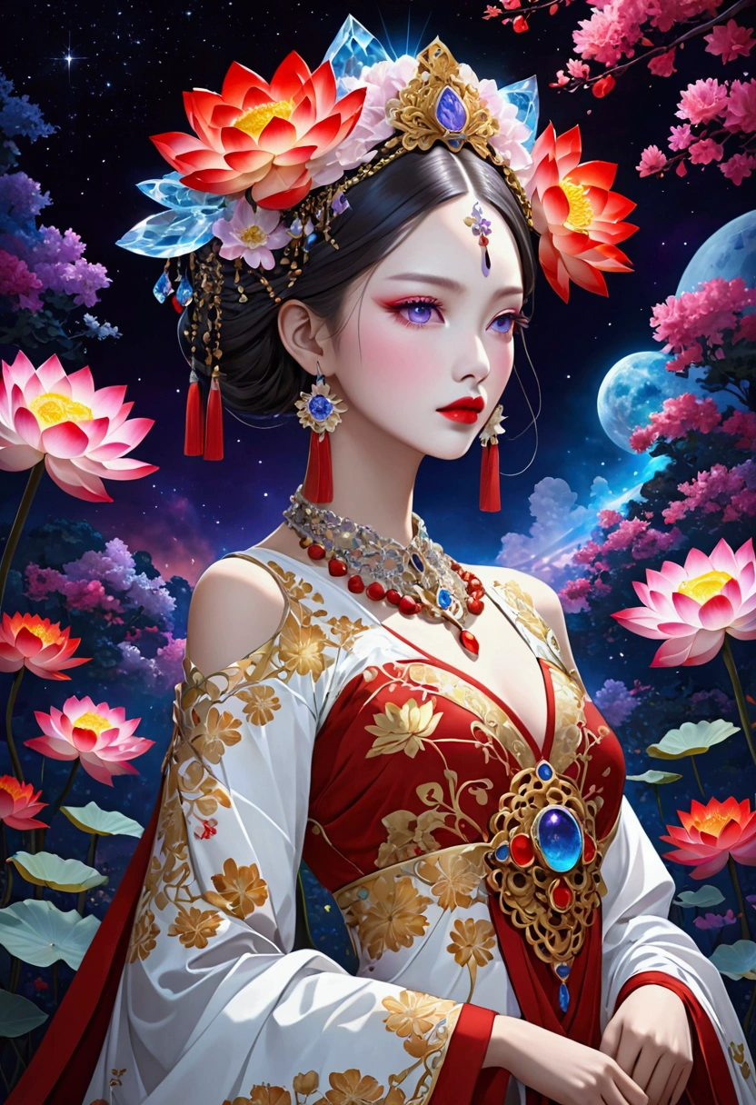 (fashion show:1.3),G Liulian art style, Female model wearing an extraordinary avant-garde dress,Looking at the audience, Perfect eyes, High detail face, Double braid, lotus, Headdress, Violet necklace, Porcelain skin contrasts with deep red lips,Cross your arms, Exudes an otherworldly beauty,Surreal contrasts,Layered Outlines,Complex Mode,Depth and size,translucent,Crystal structure,glowing lines,Fluorescence,Glow Example,Tracking Example,Backlight,Light particle blur,fantasy, Night Sky, Star, nebula, White crystal, moonlight, summer, Fractal background