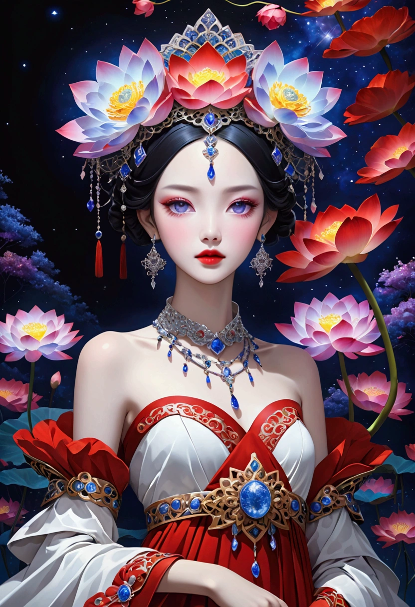 (fashion show:1.3),G Liulian art style, Female model wearing an extraordinary avant-garde dress,Looking at the audience, Perfect eyes, High detail face, Double braid, lotus, Headdress, Violet necklace, Porcelain skin contrasts with deep red lips,Cross your arms, Exudes an otherworldly beauty,Surreal contrasts,Layered Outlines,Complex Mode,Depth and size,translucent,Crystal structure,glowing lines,Fluorescence,Glow Example,Tracking Example,Backlight,Light particle blur,fantasy, Night Sky, Star, nebula, White crystal, moonlight, summer, Fractal background