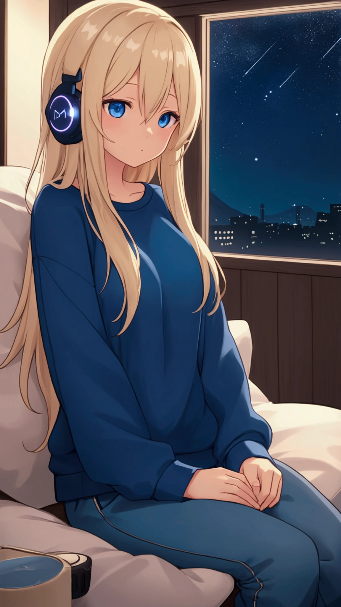 A cozy evening setting with a girl sitting by the window, listening to music on her headphones. She has long, light blonde hair and blue eyes, wearing a comfortable light blue sweatshirt and pants. The room is dimly lit, with a warm and peaceful atmosphere. The background shows a night sky with stars visible through the window. The girl looks relaxed and focused, with her hand gently touching the headphones. The style is anime, with detailed shading and soft lighting.