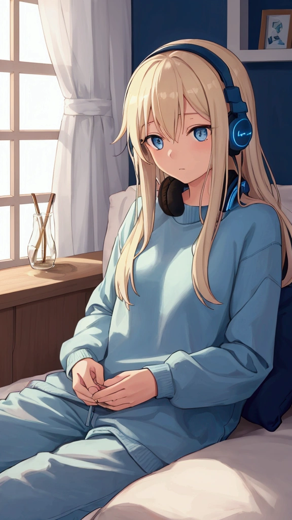 A cozy evening setting with a girl sitting by the window, listening to music on her headphones. She has long, light blonde hair and blue eyes, wearing a comfortable light blue sweatshirt and pants. The room is dimly lit, with a warm and peaceful atmosphere. The background shows a night sky with stars visible through the window. The girl looks relaxed and focused, with her hand gently touching the headphones. The style is anime, with detailed shading and soft lighting.