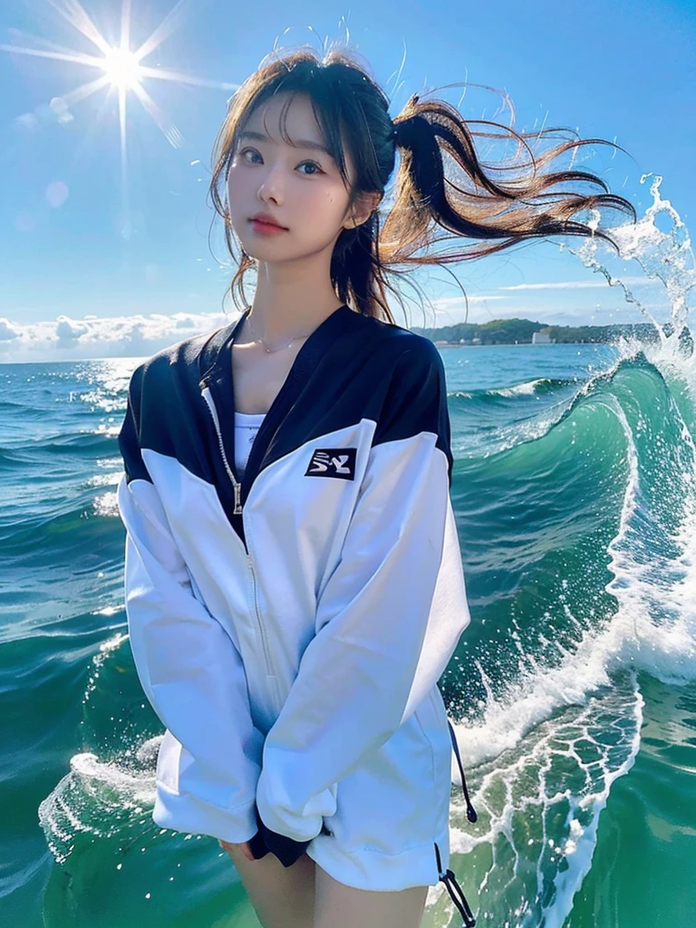 Japanese、woman、A randomly generated person with diverse facial features hairstyle、Perfect Anatomy,海でサーフィンをするwoman、She has tanned, healthy skin.、Riding the wave、Colorful surf suits、Functional and easy to move design、Long sleeve surf suit with tight fit、(10th Length)、Perfect fit、Maximize your performance on your surfboard、Zipper on front of body、Sporty and stylish impression、Big waves and blue sky in the background、The sunlight makes the sea sparkle、