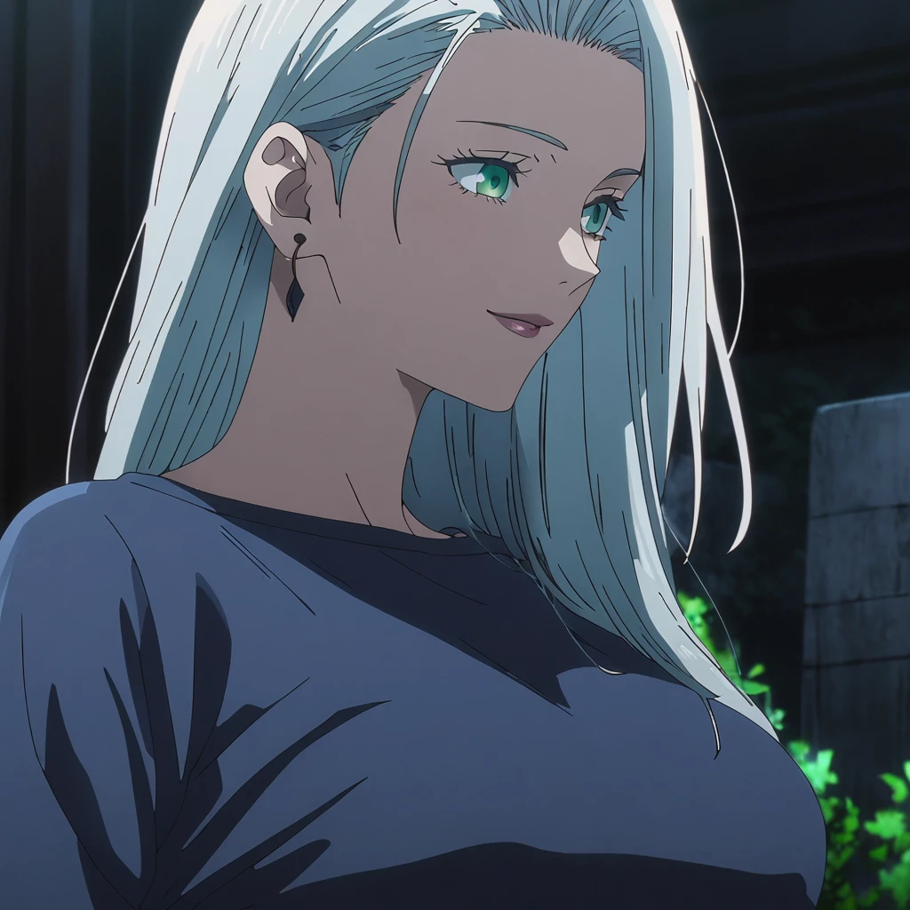 1girl, female gojo satoru, anime screencap from jujutsu kaisen, gojo satoru female version, solo, long_hair, ((green eyes)) ((White_hair, hair slicked from one side)), night view, (hanging breasts) upper_body, smile, lips, (slightly straight hair) ((wearing blue shirt and short latex pant)) breast, "very detailed and high resolution" (gree eyes) ((solo)) (((front view))) (earings) ((high resolution)) ((good quality)) ((hair slicked from one side)) ((upper body))
