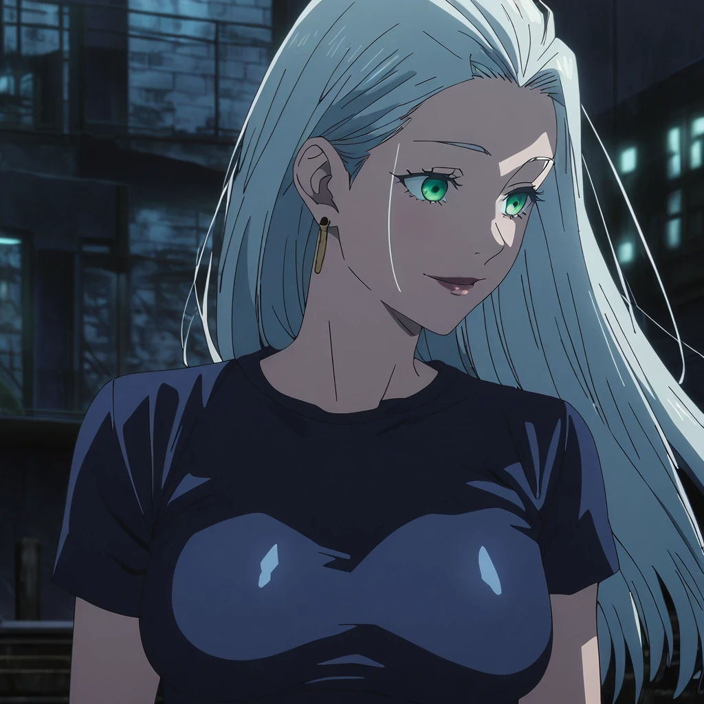 1girl, female gojo satoru, anime screencap from jujutsu kaisen, gojo satoru female version, solo, long_hair, ((green eyes)) ((White_hair, hair slicked from one side)), night view, (hanging breasts) upper_body, smile, lips, (slightly straight hair) ((wearing blue shirt and short latex pant)) breast, "very detailed and high resolution" (gree eyes) ((solo)) (((front view))) (earings) ((high resolution)) ((good quality)) ((hair slicked from one side)) ((upper body))