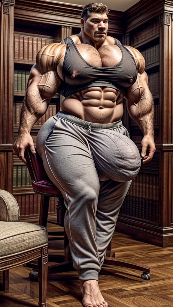 Cute guy, ((sitting on a chair, library, elegant)), tall, giant, (((big pecs:1.3))), (((big bulge:1.3))), (((narrow waist:1.2))), (((wide hips:1.2))), (((thick thigh:1.2))), (((wide thigh:1.2))), ((white tank top)), ((gray sweatpants)), (((realistic)))