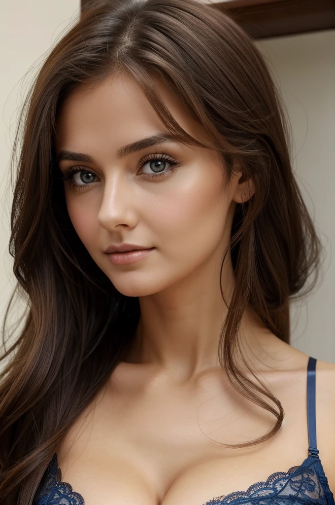 (Lidiia Filippova:1.2), (Keilih Stafford:0.9), (Felicity Fey:0.5), a pretty young woman, Beautiful face and perfect skin, Very beautiful face, Perfect face and eyes, Perfect face close-up, Brown hair and big eyes, Gorgeous and attractive face, Attractive beautiful face, Beautiful perfect face, Brown Hair Girl, Beautiful Woman Photos, Beautiful face in every detail, Showing off in a lace blue bra, Large Breasts、Cleavage