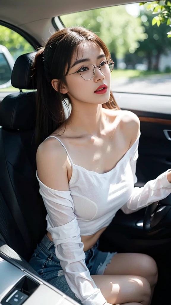 ultra high definition, ((huge breasts 아래)), (Straight shoulder-length hair: 1.2), black hair,short ponytail，upper body, （very detailed CG 8k 벽지），（Incredibly stylish and beautiful.），（masterpiece），（best quality：1.0），（초high resolution：1.0），A beautiful light came in，Perfect 번개，Realistic Shading，[high resolution]，smooth, Perfect, fair skin，Very exquisite facial details，（Perfect 몸：1.1），very detailed，Beautiful girl，small head，(huge breasts:1.1)，attractive collarbone，Towering box，divided，chubby body type，big ass，thick thighs，thick arms，laugh，jollity，（white collar long sleeve shirt:1.1），（blue shorts：1.1），white sneakers，summer，morning，Sitting in a spacious private car，Female drivers，chest of steering wheel，Driving a car，wearing glasses, expect，enlargement，