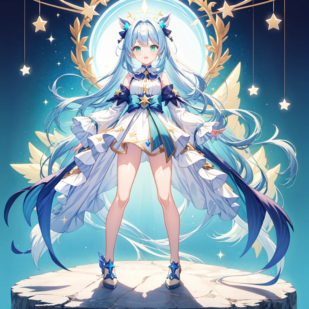 1girginal cute hairstyle、Star Fairy、Star incarnation、Character design front view、A picture facing the viewer、(((Super detailed、Highest quality、Masterpiece)))、Original cute hairstyle、Milky white and blue hair color、Simple Green Background、vtuber-fullbody,K,