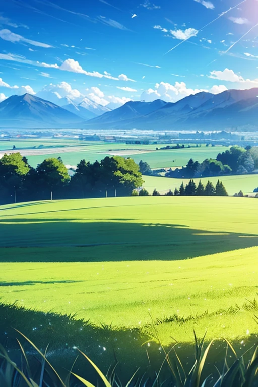 Grassy field, distant mountains, clear light, blue sky, animation style