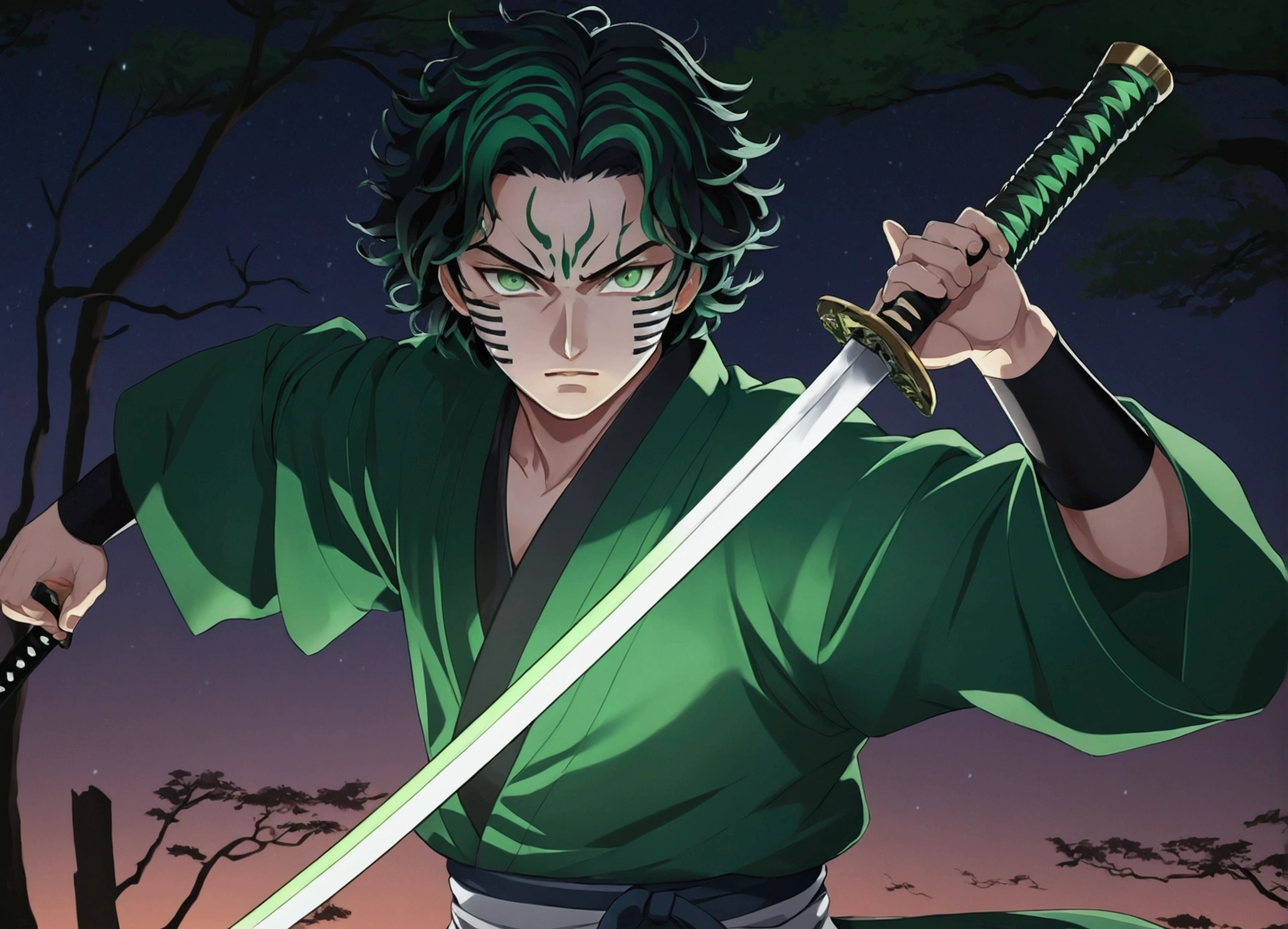 One Guy, young guy, Kimetsu no Yaiba, katana, toxic breathing style, green clothes, green eyes, sword slash, green sword aura, night backround, fixed arms, detailed arms and katana, no face marks