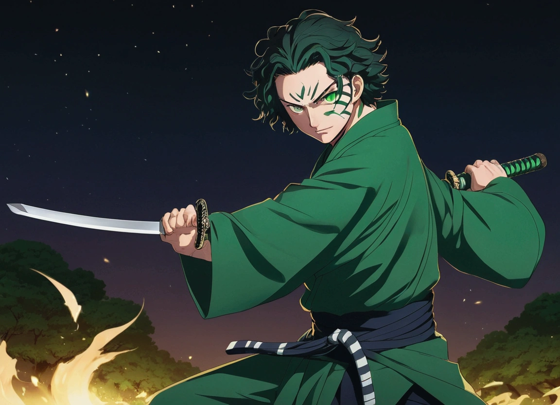 One Guy, young guy, Kimetsu no Yaiba, katana, toxic breathing style, green clothes, green eyes, sword slash, green sword aura, night backround, fixed arms, detailed arms and katana, no face marks