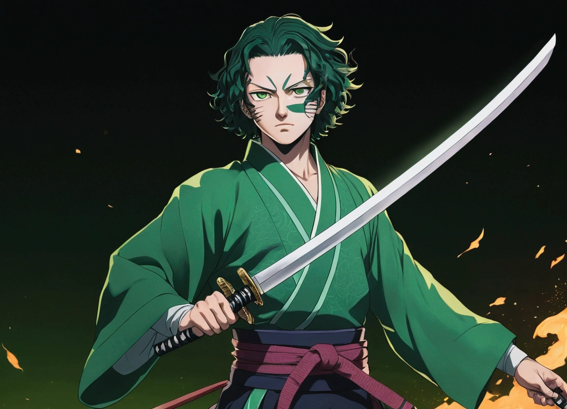 One Guy, young guy, Kimetsu no Yaiba, katana, toxic breathing style, green clothes, green eyes, sword slash, green sword aura, night backround, fixed arms, detailed arms and katana, no face marks
