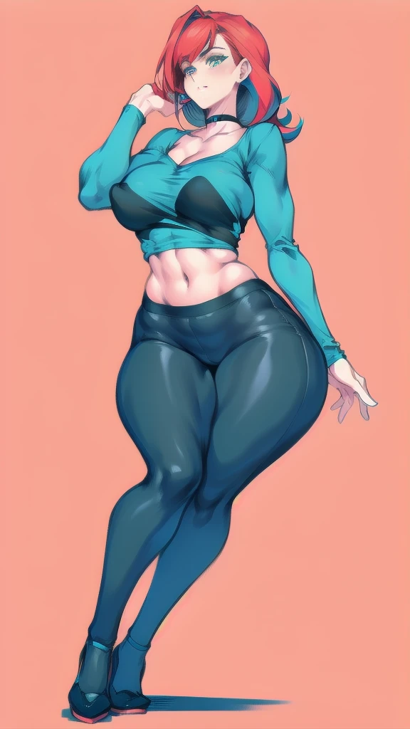 full body in image, full naked woman, full naked body, (feet on image), naked body, simple hair, female body, curvy body, large hips, beautiful woman, thicc body, big thighs, voluptuous body, full thick body, dinamic pose, curve body. detalied pose, body, simple background, expressive face, focus on face, line art, sketch, Full body image of Gwen Tennyson from Ben 10: Alien Force, full body in image, wearing her original outfit (blue top with a white collar, black pants, and black shoes, with red hair), long hair, female body, slender and athletic body, dynamic pose, detailed pose, simple background, expressive face, focus on face, line art, sketch