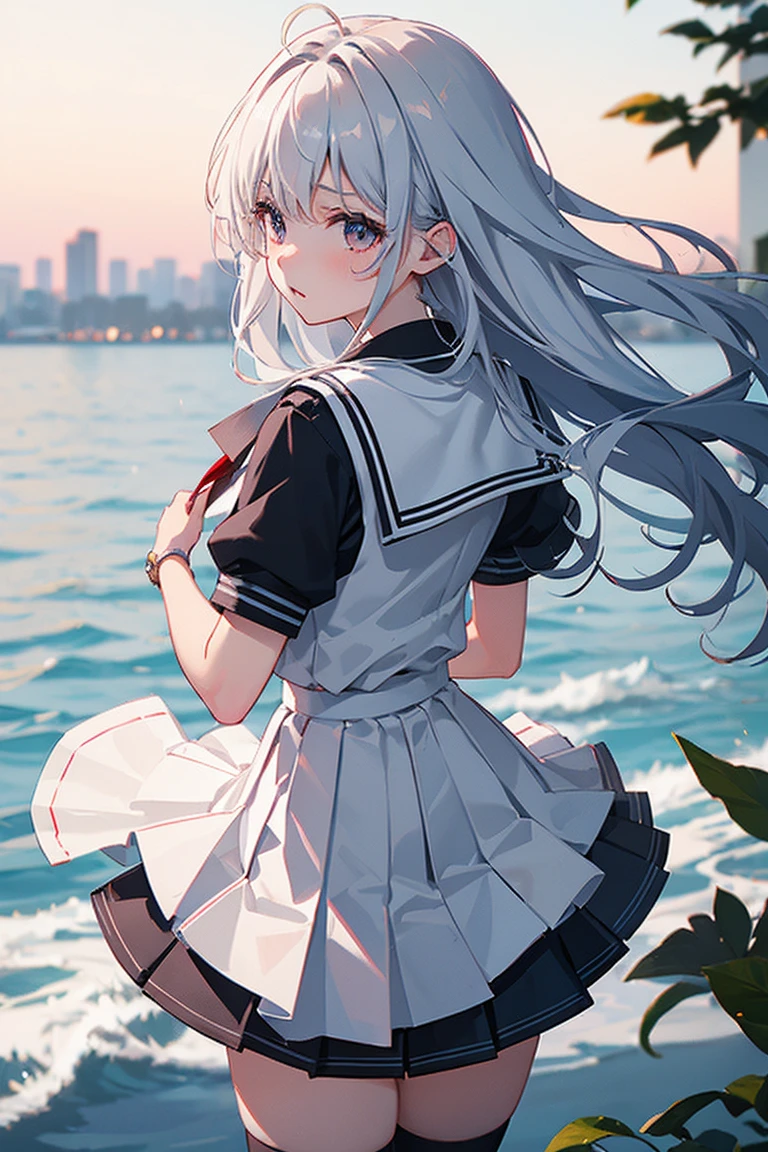 One Girl、blush、Embarrassed look、Perfect Anatomy、Long Hair、Small breasts、(((White student sailor uniform、Dark navy blue pleated student mini skirt、Black knee socks)))、((Hair tousled by the wind、Messy Hair、Broken hairstyle))、(((The wind blows up my skirt:1.3、White panties、Cute ass)))、Pay attention to the butt、Professional Lighting, Film Grain, chromatic aberration, (Eye and facial details:1.0), (Bokeh:1.1)、software:1.5)))、 Highest quality, 8k, ２０talent