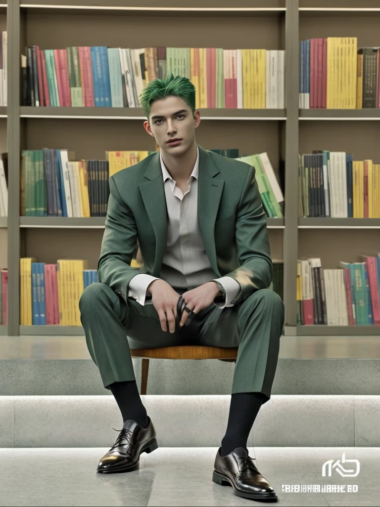 1 man, handsome, muscular, green hair, scar, black suit, black Oxford shoes, black socks, best quality, masterpiece, sitting, 