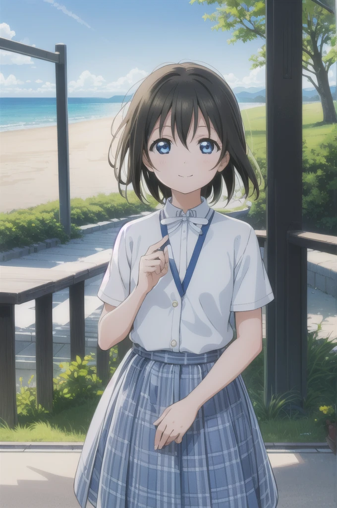 (Highest quality, masterpiece:1.2), (One Girl, alone:1.2), cute, smile,  Detailed Background, (View your audience, alone focus:1.2), Light on the face, null, blue null, Upper Body, sunlight, Lens flare, Written boundary depth, scenery, Mouth closed,
Osaka Shizuku, short hair, blue eyes, Black Hair, Nijigasaki University 