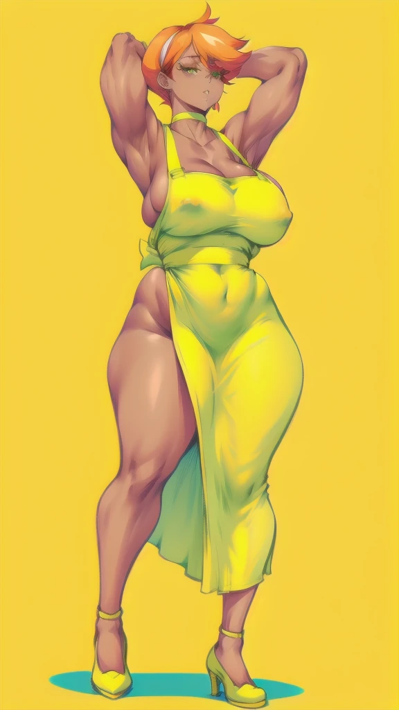 full body in image, full woman, full naked, (feet on image), naked bodyple hair, female body, curvy body, large hips, beautiful woman, thicc body, big thighs, voluptuous body, full thick body, dinamic pose, curve body. detalied pose, body, simple background, expressive face, focus on face, line art, sketch, Full body image of Dexter's Mom from Dexter's Laboratory, full body in image, wearing her original outfit (yellow rubber gloves, green dress with white apron, red hair in a bob cut, and white shoes), short hair, female body, curvy and voluptuous body, dynamic pose, detailed pose, simple background, expressive face, focus on face, line art, sketch