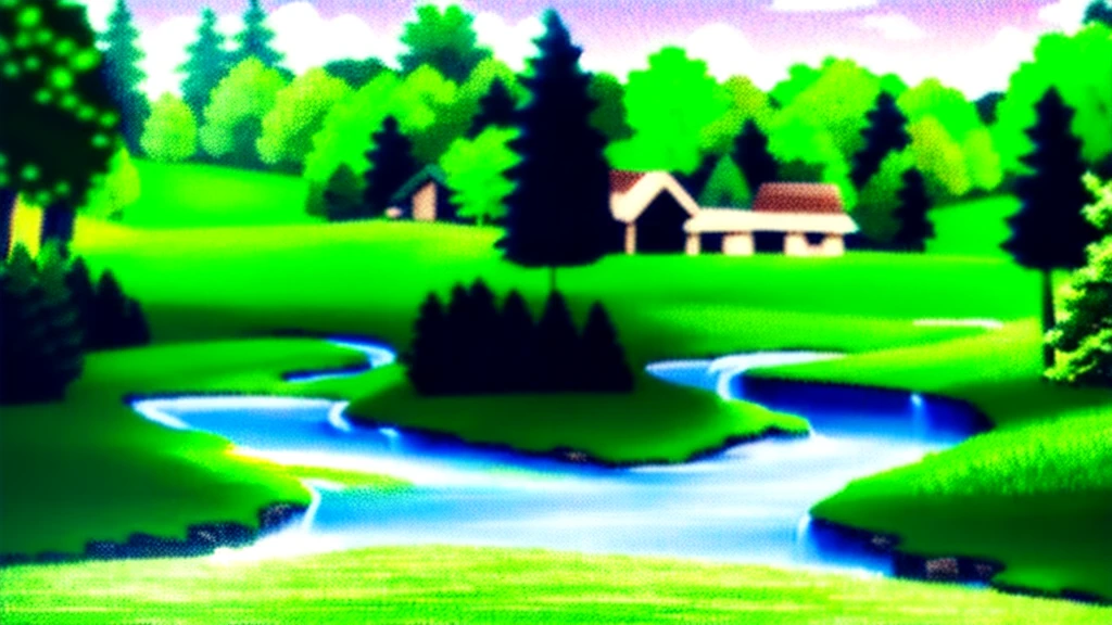 Natural images, fresh green nature. Green trees, green grass, wooden house next to a winding stream. warm color combination. Realistic, vivid images, clear details. --ar 16:9
