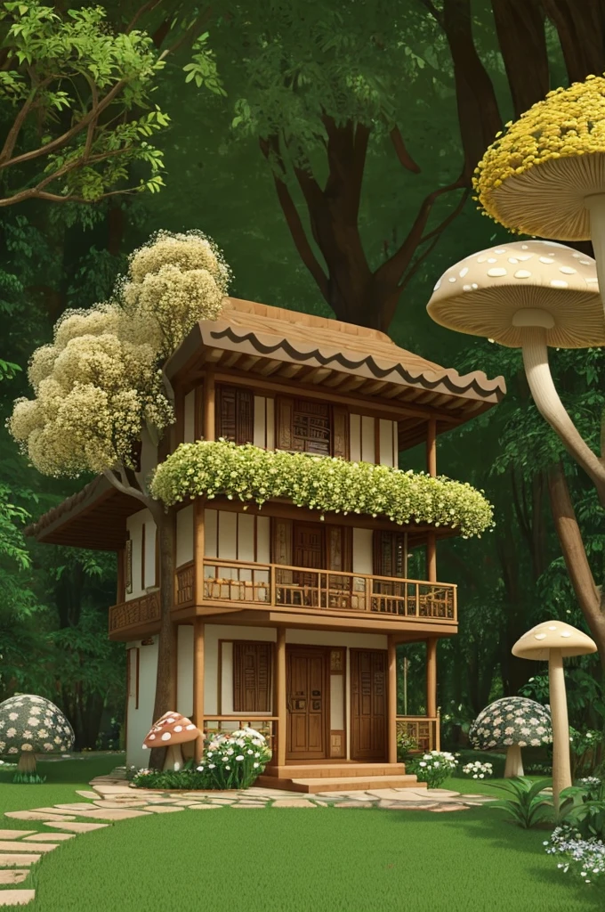 A cartoon of a house made of mushroom and decorated with jasmine flowers