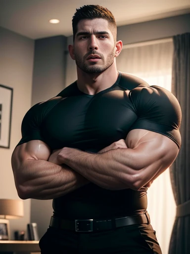 Muscular male security guard with open mouth,Chris Redfield,Wear a tight tee shirt,expression sad,He frowned aggrievedly。。。。。。。。。gem-like eyes,Tall, Burly and strong,Thick thighs,He was in the living room of a luxury villa,Luxurious warmth in gray tones。。。。。。Highest resolution,the highest picture quality,Extremely optimized facial features,Detailed depiction, full body shot,