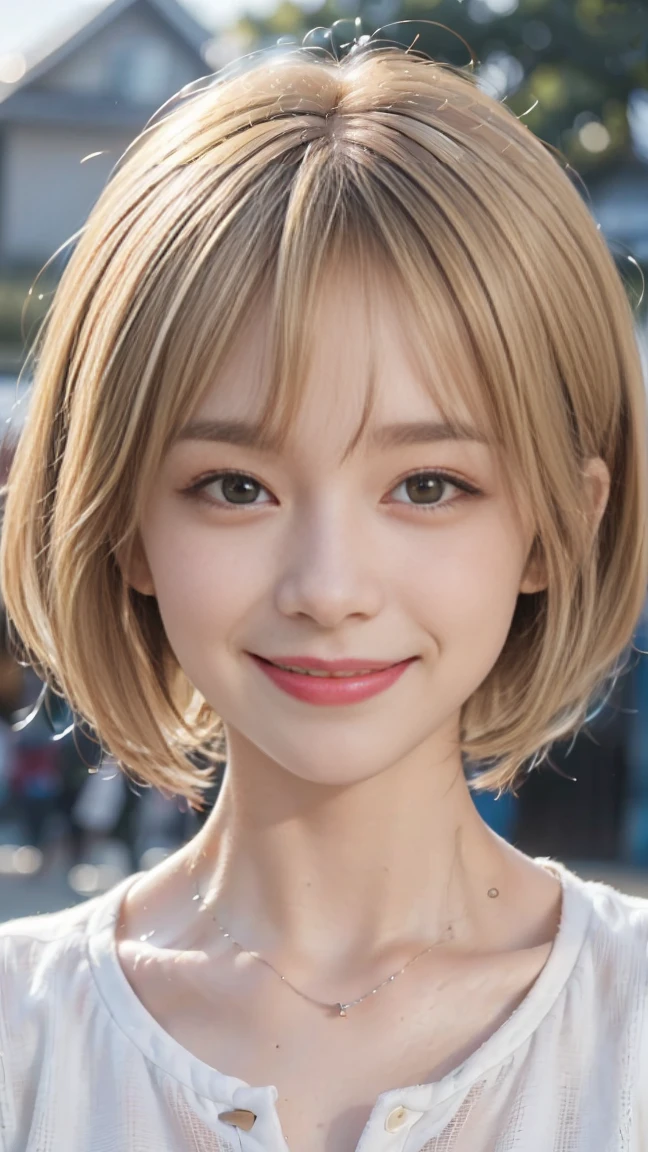 ((Highest quality、The pieces fly、High resolution、Zoom Photo))、(((Zoom Photo:1.95、Zoom Photo、Cute Smile:1.5、Cute Smile、Short Hair、Blonde、bangs、Past Up)))