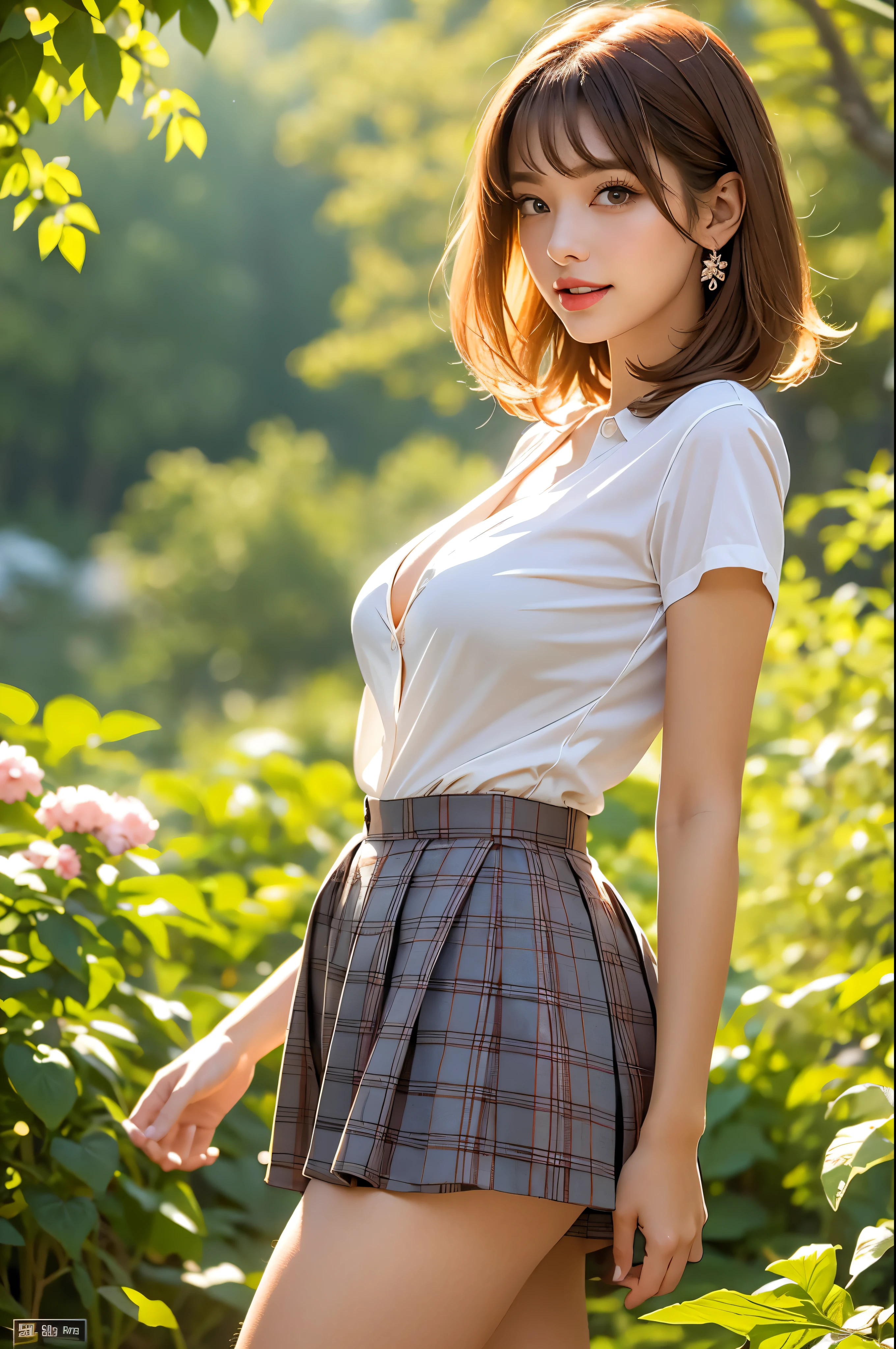 nsfw, 8K raw photo, Best quality, masterpiece, ultra high res, film grain, filmg, 1girl, looking at viewer, natural skin texture, realistic eye and face details, full lips, lipstick, (makeup), red eyeshadow, fluffy short hair, messy hair, smile, close mouth, beautiful legs, tall female, skinny, slim_legs, solo, enormous breast, cleavage, Pose with buttocks facing you, ultra short skirt, ass, shirt, beautiful nature location, around flower location, (detailed background), plaid skirt, white shirt, enormous breast, cleavage, Show a little cleavage through the shirt, loafers, blurry background, blurry, holding, plaid, short sleeves, jk ribbon on the neck, jk ribbon, brown hair, bracelet, water, bangs, , jewelry, parted lips, lips, from side, pleated skirt, depth of field