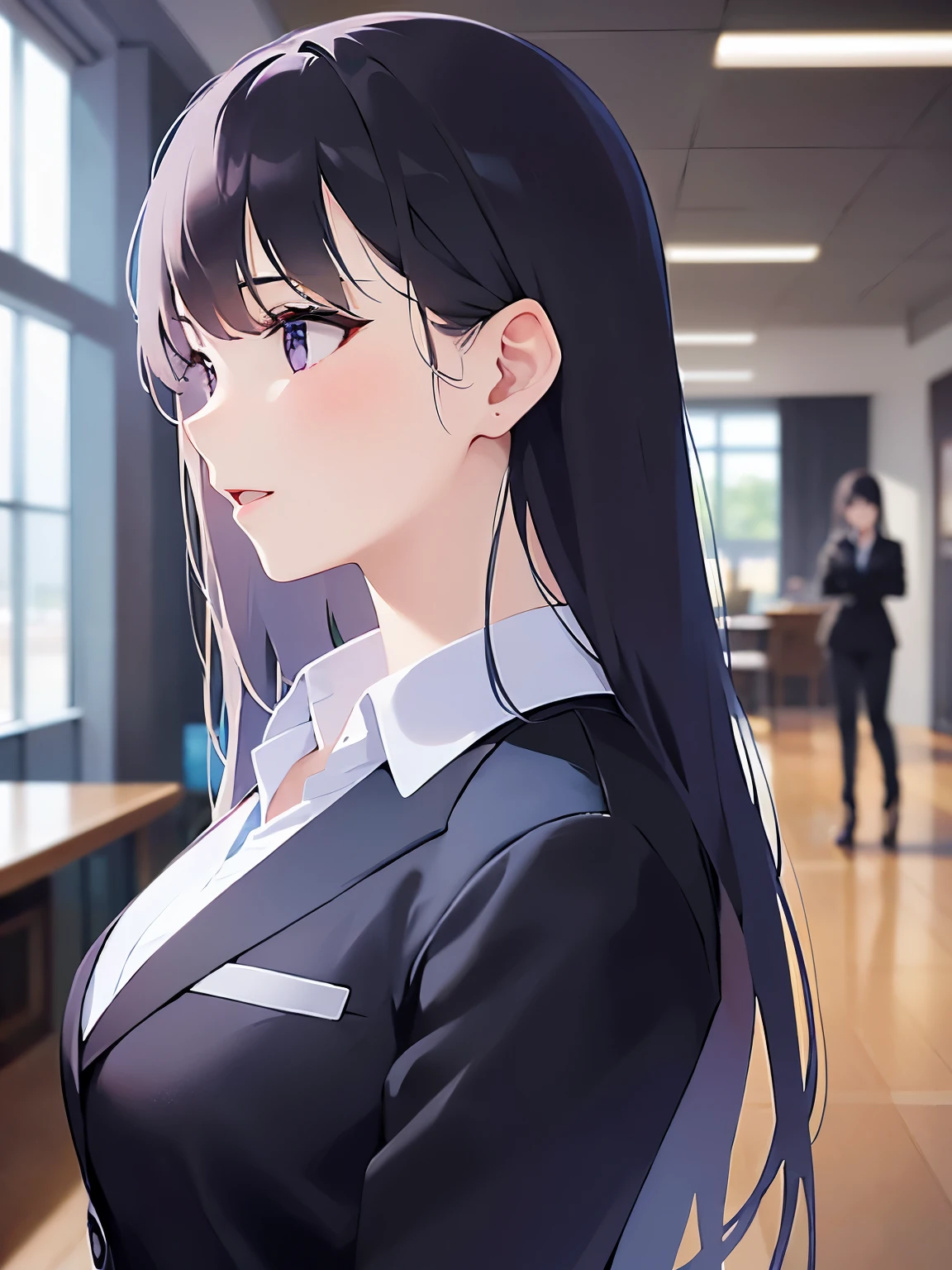 (looking away:1.5), side angle, Upper Body, Realistic, real person, (pale skin: 1.2), RAW photo, photorealistic, shiny skin, shiny hair、(A 25-year-old woman with straight hair and bangs) and (medium hair) and (black hair) and (purple eyes) , (business suit:1.5) and (white collared shirt)、smile, open mouth, The background is the conference room、Alone、Are standing