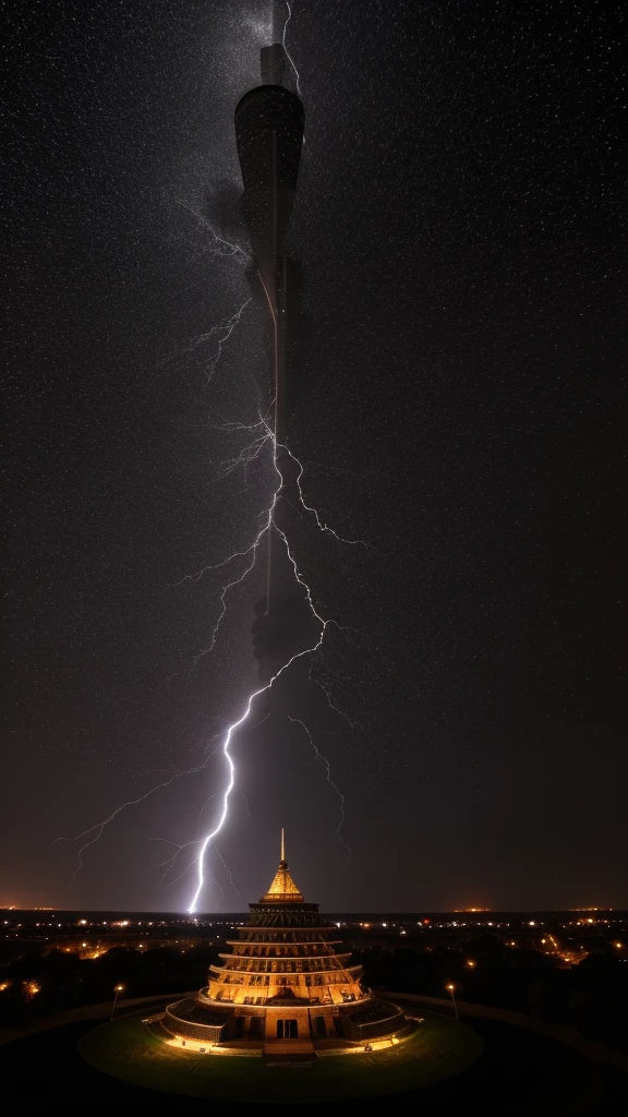 Tower of Babel,Lightning strikes,black sky