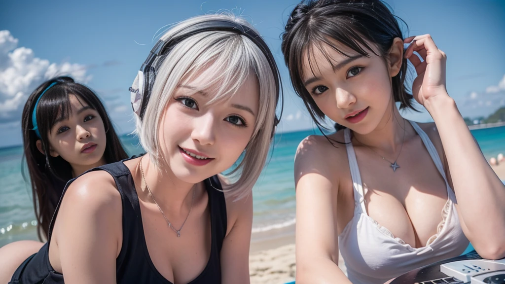 (ultra - detailed, 16K resolution, Cinema lenses, rendering by octane), (high resolution:1.18), intricate detail, (masterpiece:1.1), (highest quality:1.1), (1girl, portrait, white hair, blue eyes, short hair, detailed eyes),Wearing silver DJ headphones, sequined T-shirt, (in the beach:1.5), (Iconic hip-hop pop costumes:1.3), Smile while DJing on stage, DJ studio next to the beach, ((A stylish DJ stage on a hill overlooking the beach)), full body shot, Photorealistic photography by Sunshine, (cute round face:1.3), perfect fingers, five fingers, beautiful hands, perfect hands. master peace, cute smile, Fixhand.