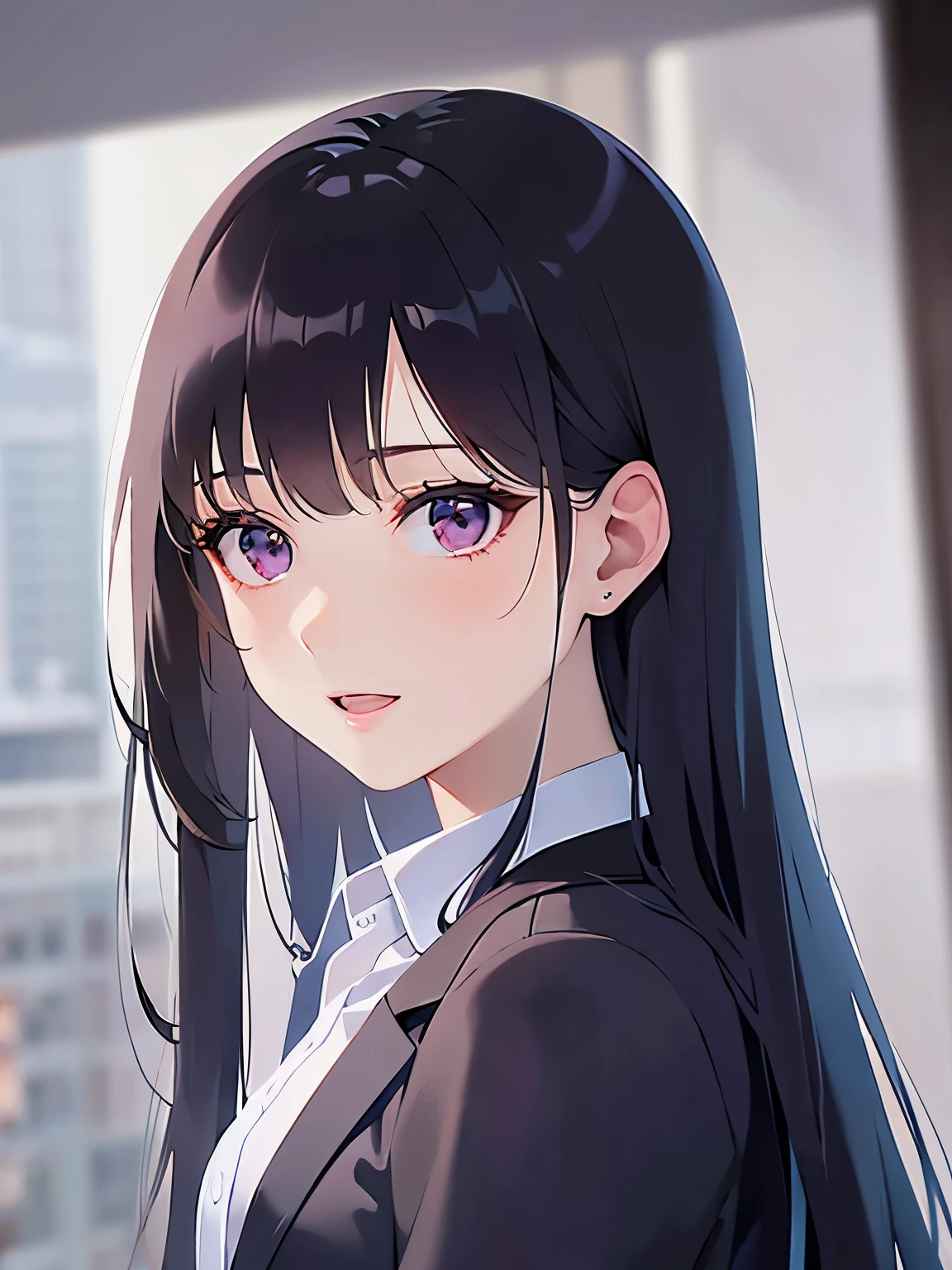(looking away:1.5), side angle, Upper Body, Realistic, real person, (pale skin: 1.2), RAW photo, photorealistic, shiny skin, shiny hair、(A 25-year-old woman with straight hair and bangs) and (medium hair) and (black hair) and (purple eyes) , (business suit:1.5) and (white collared shirt)、smile, open mouth, The background is the conference room、Alone、Are standing
