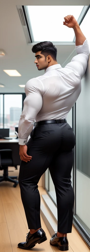 4 meter tall slightly overweight indian men. 20 years old. Childish Young hairless fresh face. In london with friend. Very sexy Posing for camera. Muscular. Wearing a tight black and office suit, with white strip shirt
Big ass. Smooth body and face. Belly seen. Long long legs. View from the back.