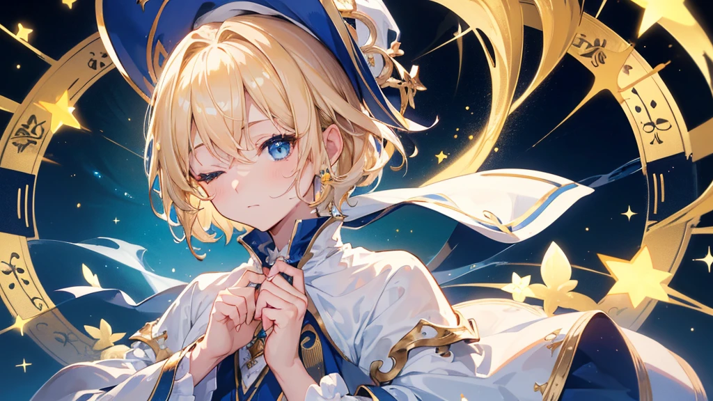 (Highest quality) (4K) (8k) (High resolution) (masterpiece:1.2) (Super detailed) One boy short hair Wizard Blue Eyes Long sleeve Golden decoration Hair between the eyes Closed Mouth White Dress Wavy golden hair Upper Body White hat White Background Embarrassed Being spoiled (Looking up) (Cast a spell) front Face close-up