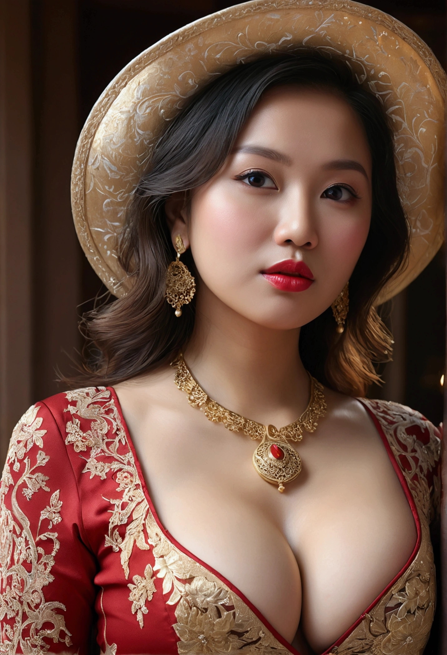 ((Extreme Wide Shot,cowboy shot, Deep Focus, Eye Level Shot)), Realism, , Rim Lights, Rim Lighting, Rim Light, Natural Lighting, Sunlight, Volumetric Lighting, Volumetric Light, Volumetric, ((high quality:1.2, masterpiece:1.2)), absurdres, high resolution, (8k resolution), 8k, 8kres, 8k res, high details, detailed and intricate, intricate details, high intricate details, absurd amount of details, ((looking at viewer)), detailed face, 1girl, solo, fashi-girl, girl, cute, sweet, a girl wearing kebaya, brown kebaya, red lips, large breastw naked breast)gy tity hourglass bodes closed, biting bottom lip.