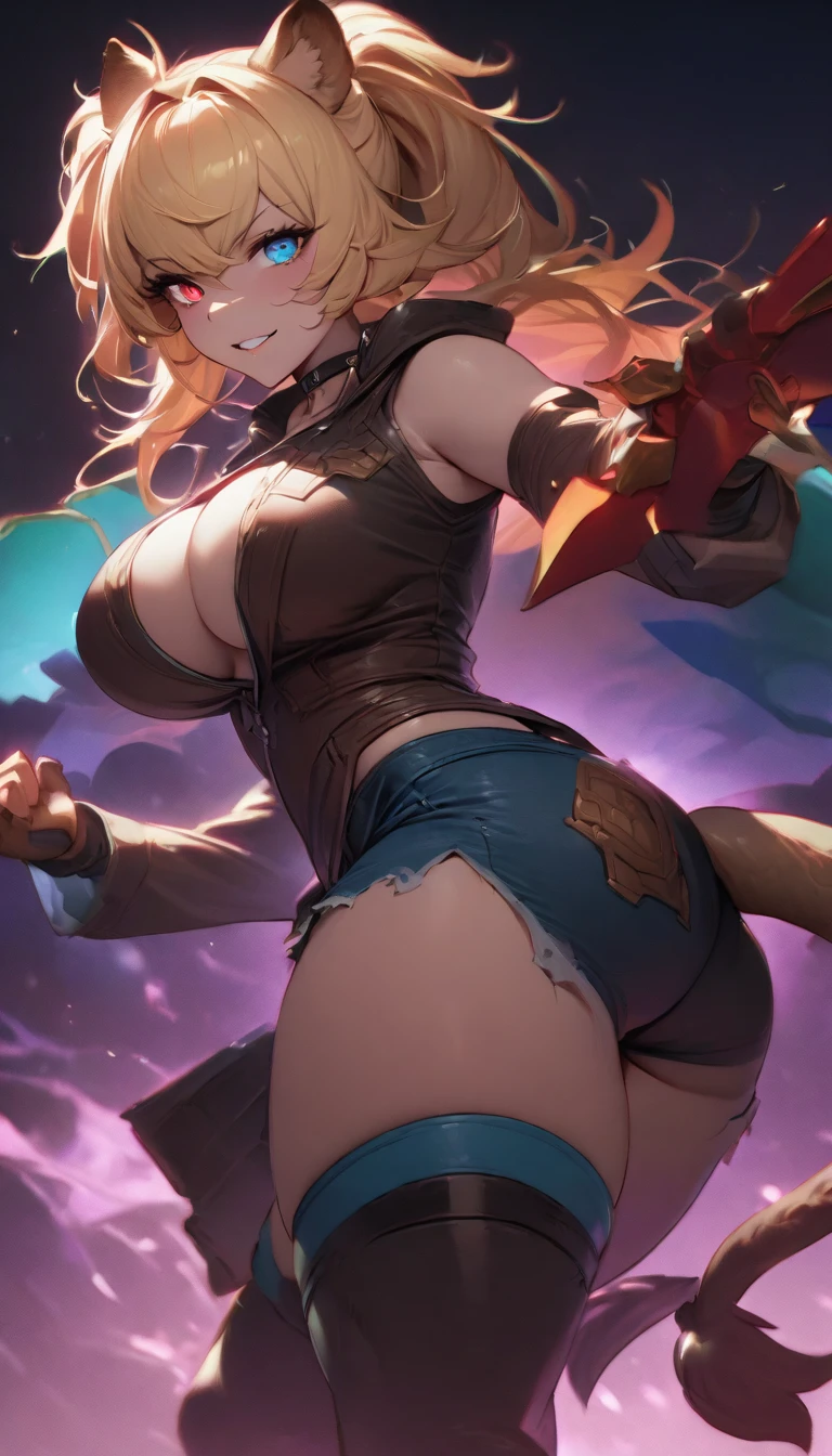 best quality,4k,8k,highres,masterpiece:1.2),ultra-detailed, extremely detailed eyes, extremely detailed body, (large masterpiece digital art), (detailed manga illustration), (detailed line art), ((perfect anatomy)), (intricate details:1.3), (ultra-detailed:1.3), (illustration:1.3), (sharp focus:1.3), (natural lighting:1.05), (vivid colors:1.3), (masterpiece), (best quality:1.4), (perfect anatomy:1.4), high quality, expressive eyes, full body, detailed face, beautiful face, perfect face, 1 girl, tall girl, ((blonde hair)), (raven hair), {{pale skin}}, ({pale skinned female}), chimera, large breasts, thick thighs, very long hair, bare shoulders, denim, (short shorts), dynamic lighting, high resolution, 4k resolution, dynamic pose, silver jewelry, {fantasy background}, choker, animal ears, (lion ears), {{snake head tail}}, (tail), ((streaked hair)), thigh-highs, horns, animal ears, skindentation, curvy, monster girl, heterochromia, hooves, wings, claws, thigh gap, white shirt, brown leather jacket, dynamic lighting, cinematic lighting, dynamic heroic pose, smiling, fantasy guild background, curvy, Atey Ghailan, Jeremy Mann, Greg Manchess, Antonio Moro, trend in ArtStation, trend in CGSociety, Intricate, High Detail, Sharp focus, dramatic and photorealistic painting art by Midjourney and Greg Rutkowski, Jeff Bridges, ((cartoon style)), Marvel Cinematic Universe style