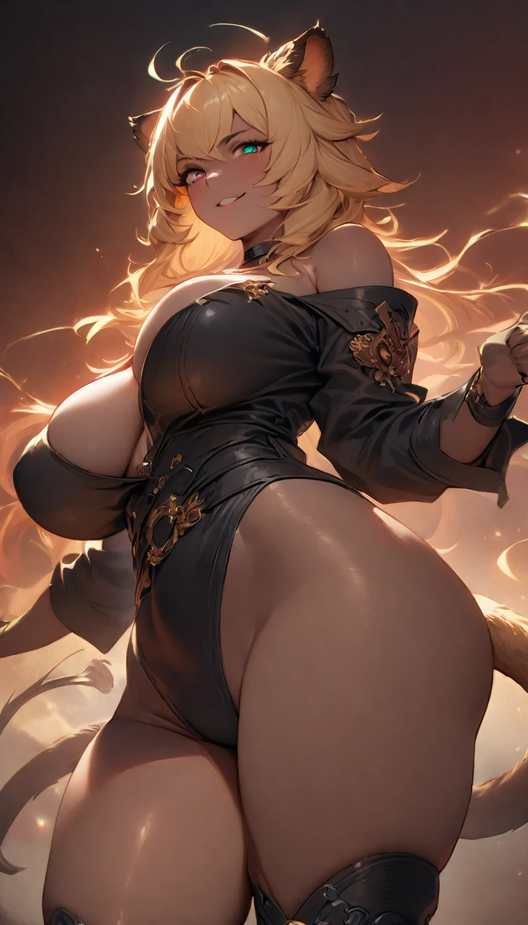 best quality,4k,8k,highres,masterpiece:1.2),ultra-detailed, extremely detailed eyes, extremely detailed body, (large masterpiece digital art), (detailed manga illustration), (detailed line art), ((perfect anatomy)), (intricate details:1.3), (ultra-detailed:1.3), (illustration:1.3), (sharp focus:1.3), (natural lighting:1.05), (vivid colors:1.3), (masterpiece), (best quality:1.4), (perfect anatomy:1.4), high quality, expressive eyes, full body, detailed face, beautiful face, perfect face, 1 girl, tall girl, ((blonde hair)), (raven hair), {{pale skin}}, ({pale skinned female}), chimera, large breasts, thick thighs, very long hair, bare shoulders, denim, (short shorts), dynamic lighting, high resolution, 4k resolution, dynamic pose, silver jewelry, {fantasy background}, choker, animal ears, (lion ears), {{snake head tail}}, (tail), ((streaked hair)), thigh-highs, horns, animal ears, skindentation, curvy, monster girl, heterochromia, hooves, wings, claws, thigh gap, white shirt, brown leather jacket, dynamic lighting, cinematic lighting, dynamic heroic pose, smiling, fantasy guild background, curvy, Atey Ghailan, Jeremy Mann, Greg Manchess, Antonio Moro, trend in ArtStation, trend in CGSociety, Intricate, High Detail, Sharp focus, dramatic and photorealistic painting art by Midjourney and Greg Rutkowski, Jeff Bridges, ((cartoon style)), Marvel Cinematic Universe style
