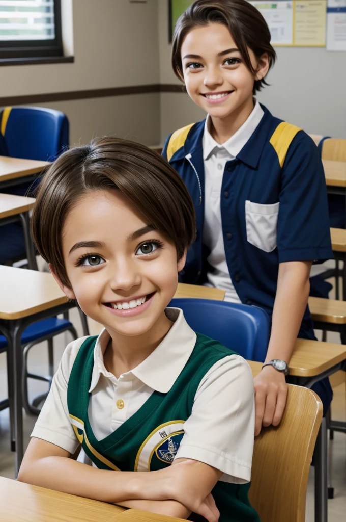 Screenshot of my hero academia. girl with short hair, straight and light brown, He has honey and green eyes and has white skin., bright smile and happy expression, He has big eyes and long eyelashes., He wears the UA uniform and in the background a UA school class, is sitting at a table