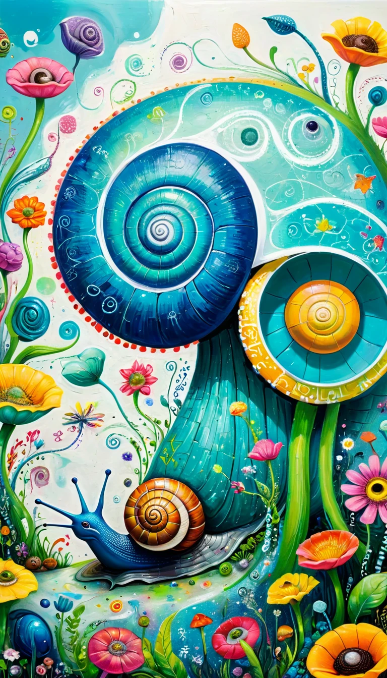Children's graffiti,Thick coating,Concave and convex texture,Oil pastel strokes:A big snail、flowesh、Tentacles、bird、Eye、diatom,Abstract mosaic painting,Describing the inner world of autistic people,Sense of space,White Space,interesting,Innocence,Psychedelic Art,Cyan overall
