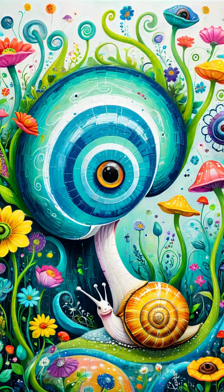 Children's graffiti,Thick coating，Concave and convex texture，Oil pastel strokes：A big snail、flowesh、Tentacles、bird、Eye、diatom，Abstract mosaic painting，Describing the inner world of autistic people，Sense of space，White Space，interesting，Innocence，Psychedelic Art，Cyan overall
