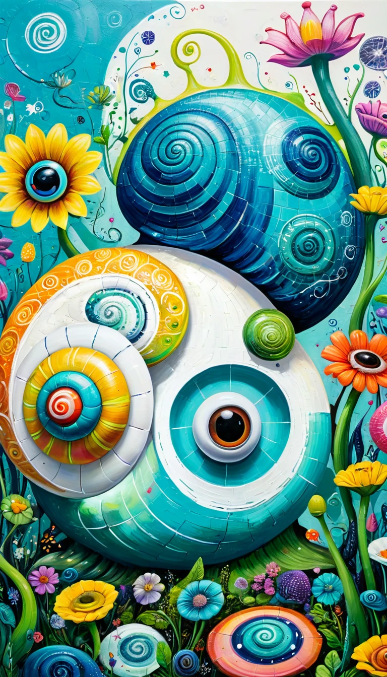 Children's graffiti,Thick coating,Concave and convex texture,Oil pastel strokes:A big snail、flowesh、Tentacles、bird、Eye、diatom,Abstract mosaic painting,Describing the inner world of autistic people,Sense of space,White Space,interesting,Innocence,Psychedelic Art,Cyan overall