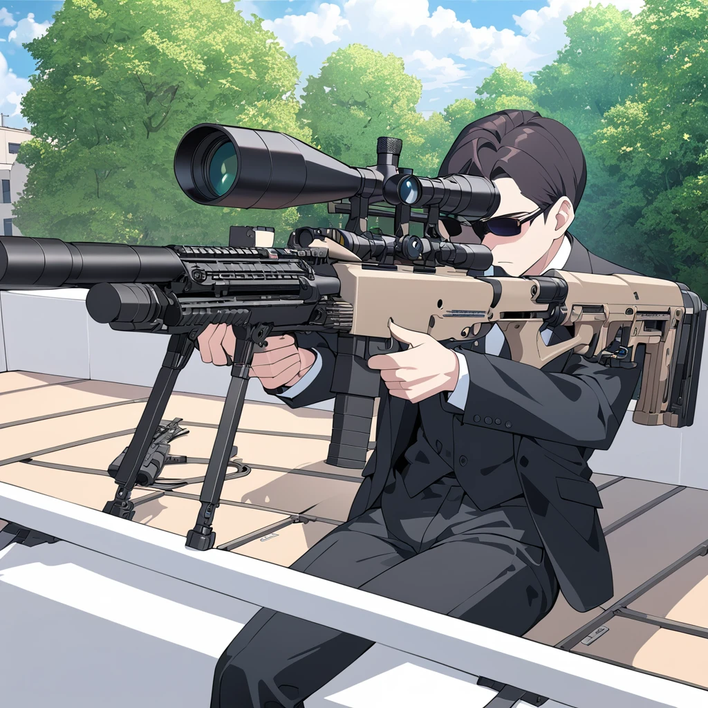 Masterpiece, ultra detailed, beautiful,Super Saturation, anime style, sniper, secret service, sniper rifle, black suit,AWM,Set up a sniper rifle from the rooftop,CS LR4 Precision Sniper System,look through the scope