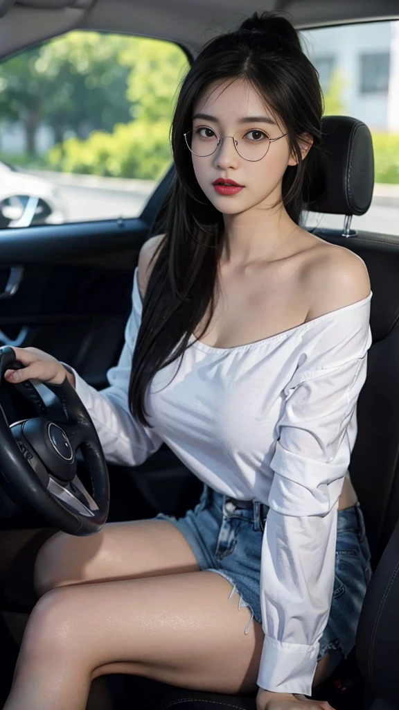 ((huge breasts 아래)), (Straight shoulder-length hair: 1.2), black hair,short ponytail，upper body, （very detailed CG 8k 벽지），（Incredibly stylish and beautiful.），（masterpiece），（best quality：1.0），（초high resolution：1.0），A beautiful light came in，Perfect 번개，Realistic Shading，[high resolution]，smooth, Perfect, fair skin，Very exquisite facial details，（Perfect 몸：1.1），very detailed，Beautiful girl，small head，(huge breasts:1.1)，attractive collarbone，Towering box，divided，chubby body type，big ass，thick thighs，thick arms，laugh，jollity，（white collar long sleeve shirt:1.1），（blue shorts：1.1），white sneakers，summer，morning，Sitting in a spacious private car，Female drivers，chest of steering wheel，Driving a car，wearing glasses, expect，enlargement，