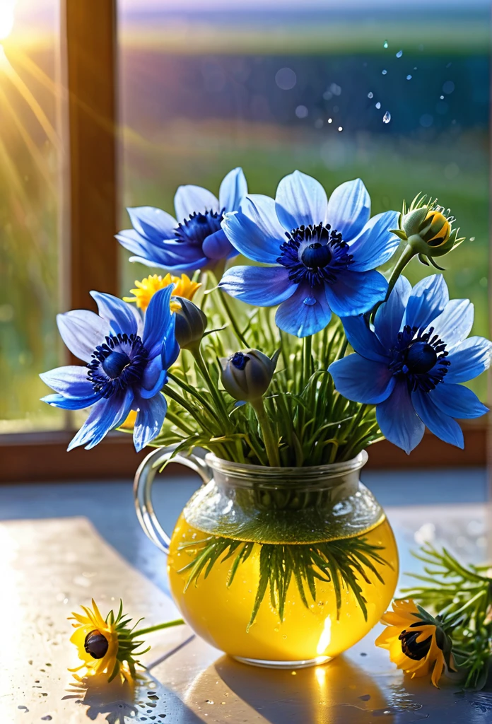 Intricate details, detailed, realism, a close up floral of Anemone /Cornflowers bouquet on pot under large window. combination blue mix yellow color.The first rays of sunlight in the morning，Dew drops on  flowers on the vas，(sunrise，Halo)，Beautiful picture，HD Wallpapers，Natural light, dramatic, Source reality,