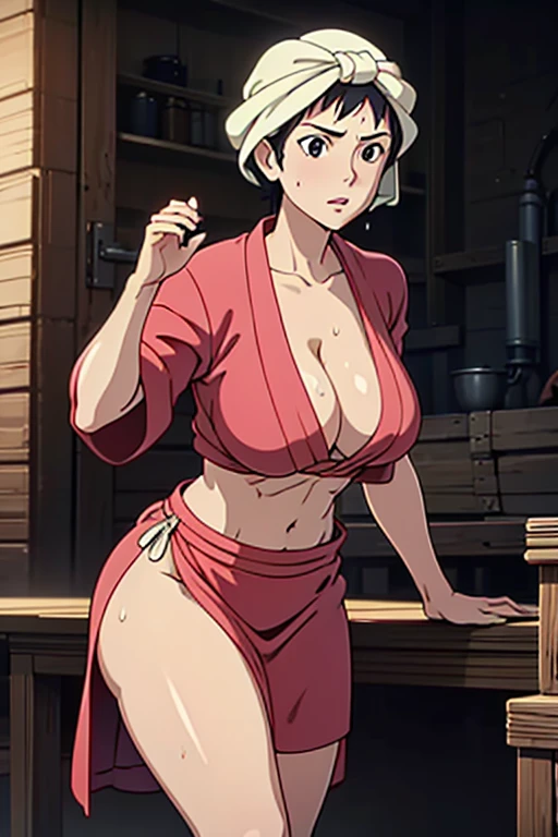 masterpiece, Highest quality,  Unreal Engine,  Super Resolution,  Very detailed, 

1 girl, of course,1 female, Wrap a towel around your head, Pink kimono, Cleavage, barefoot, Physical Beauty, Abdominal muscles, (Muscular:0.8), (Big Breasts), bold, Lips parted,  Observe the audience, 

In a dynamic pose,  Cowboy Shot, 

The World of Princess Mononoke, A scene from the workshop,  Key Visual, 

((Sticky with sweat)),