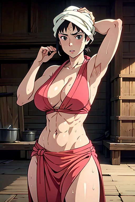 masterpiece, Highest quality,  Unreal Engine,  Super Resolution,  Very detailed, 

1 girl, of course,1 female, Wrap a towel around your head, Pink kimono, Cleavage, barefoot, Physical Beauty, Abdominal muscles, (Muscular:0.8), (Big Breasts), bold, Lips parted,  Observe the audience, 

In a dynamic pose,  Cowboy Shot, 

The World of Princess Mononoke, A scene from the workshop,  Key Visual, 

((Sticky with sweat)),