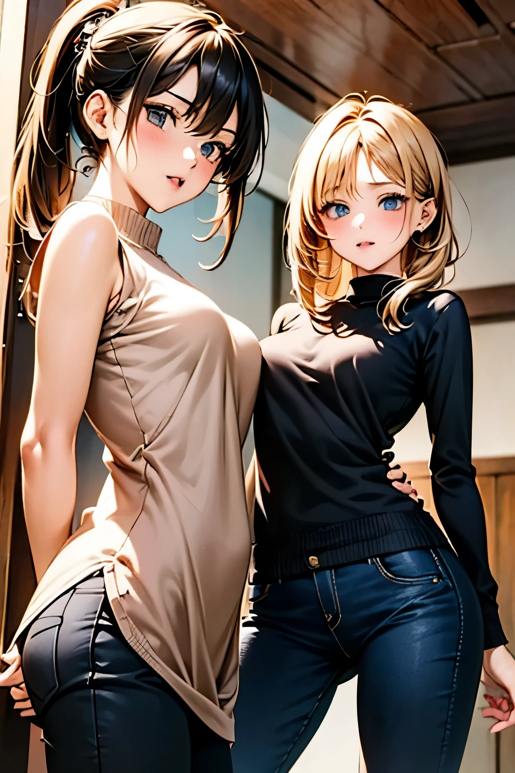 masterpiece, best quality, ultra-detailed, beautiful detailed eyes, jitome, (2girls:1.6)、((The woman on the right has short blonde hair、The woman on the left has black hair in a ponytail.)), (mid breast, , from below), blouse、skinny pants、Slender figure、Bewitching atmosphere、blush, pout, open wavy mouth, close up eyes,, standing straight, cleavege,